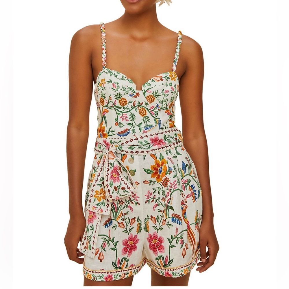 NWT Farm Rio Delicate Forest Off White Linen Romper Women Size XL(MSRP $220) - Picture 2 of 16